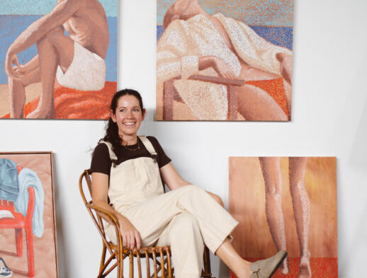 Laura Lois in her studio, wearing Collective Gen overalls