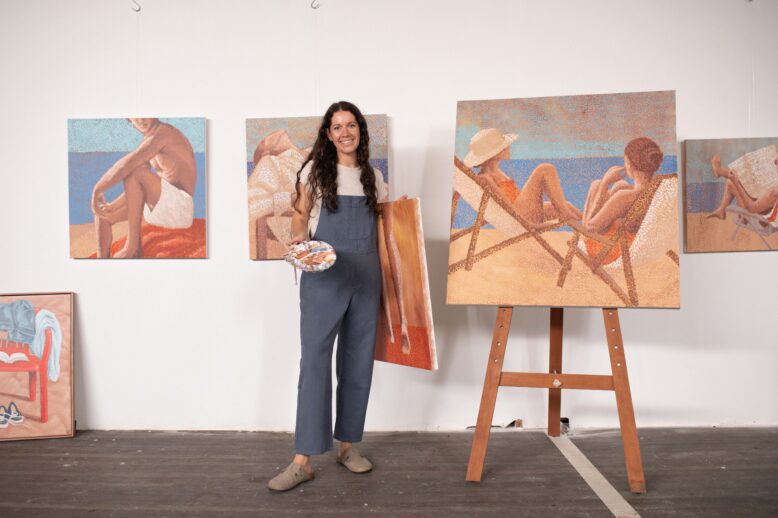 Laura Lois in her Brisbane studio, wearing Collective Gen overalls