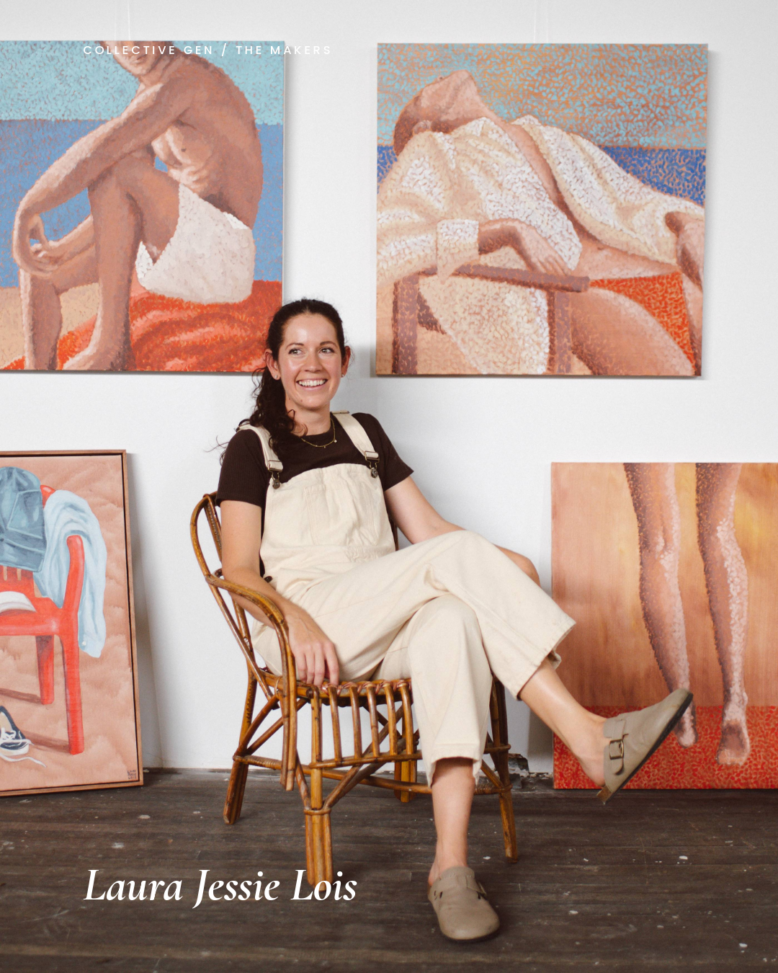 Laura Lois hanging a painting in her studio, wearing Collective Gen overalls