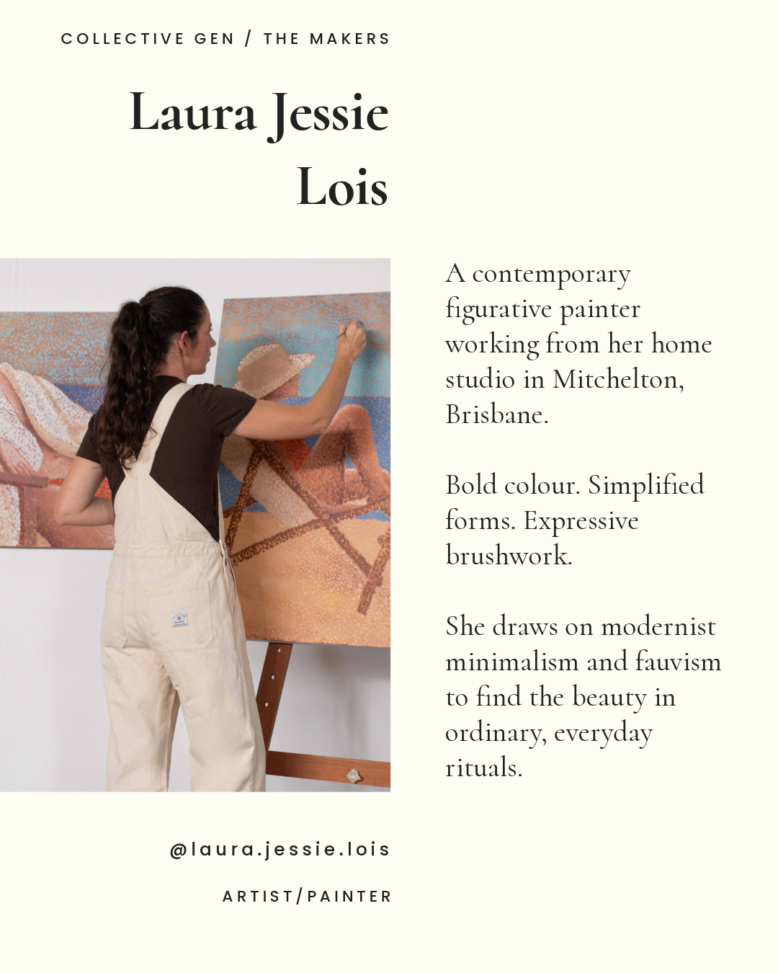 Laura Lois standing with palette and canvas among finished paintings in her studio